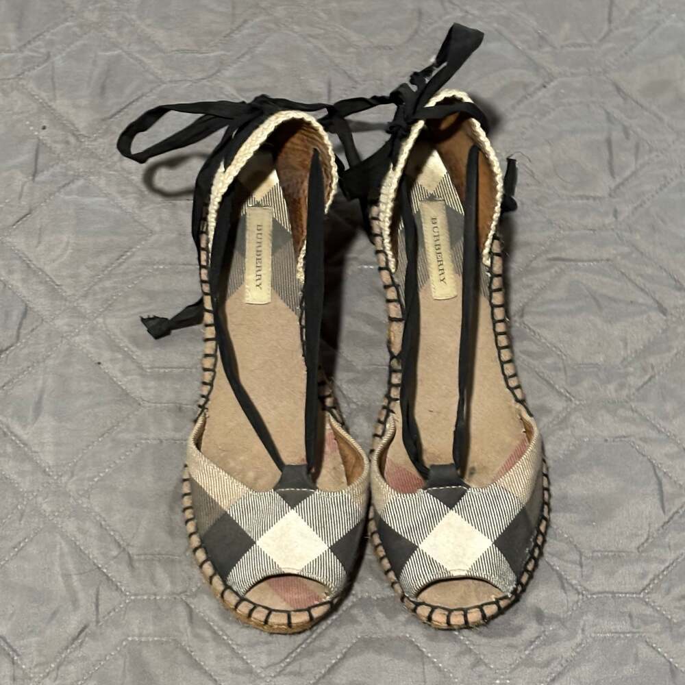 Burberry Beige Black Check Espadrille Wedges with Ribbon Ankle Ties